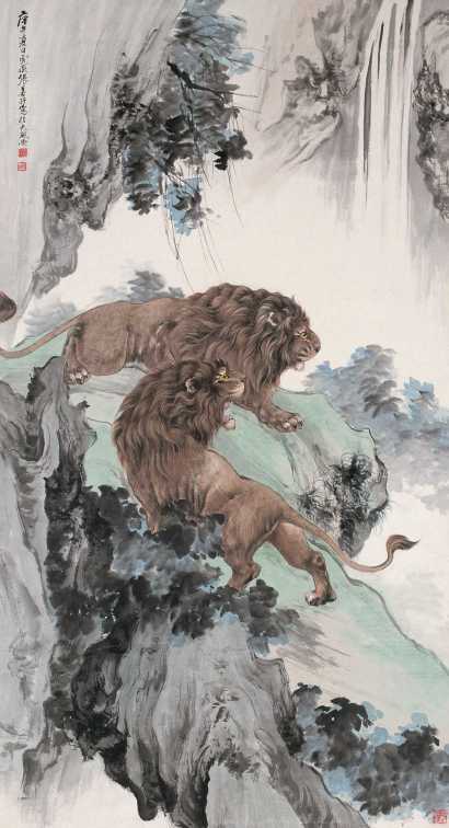 张善孖 庚午（1930年）作 双狮 立轴